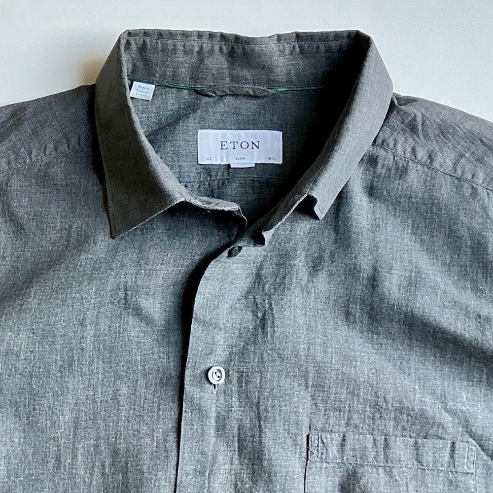 ETON solid gray fine soft cotton shirt Sz 16.5 made in Romania 🇷🇴